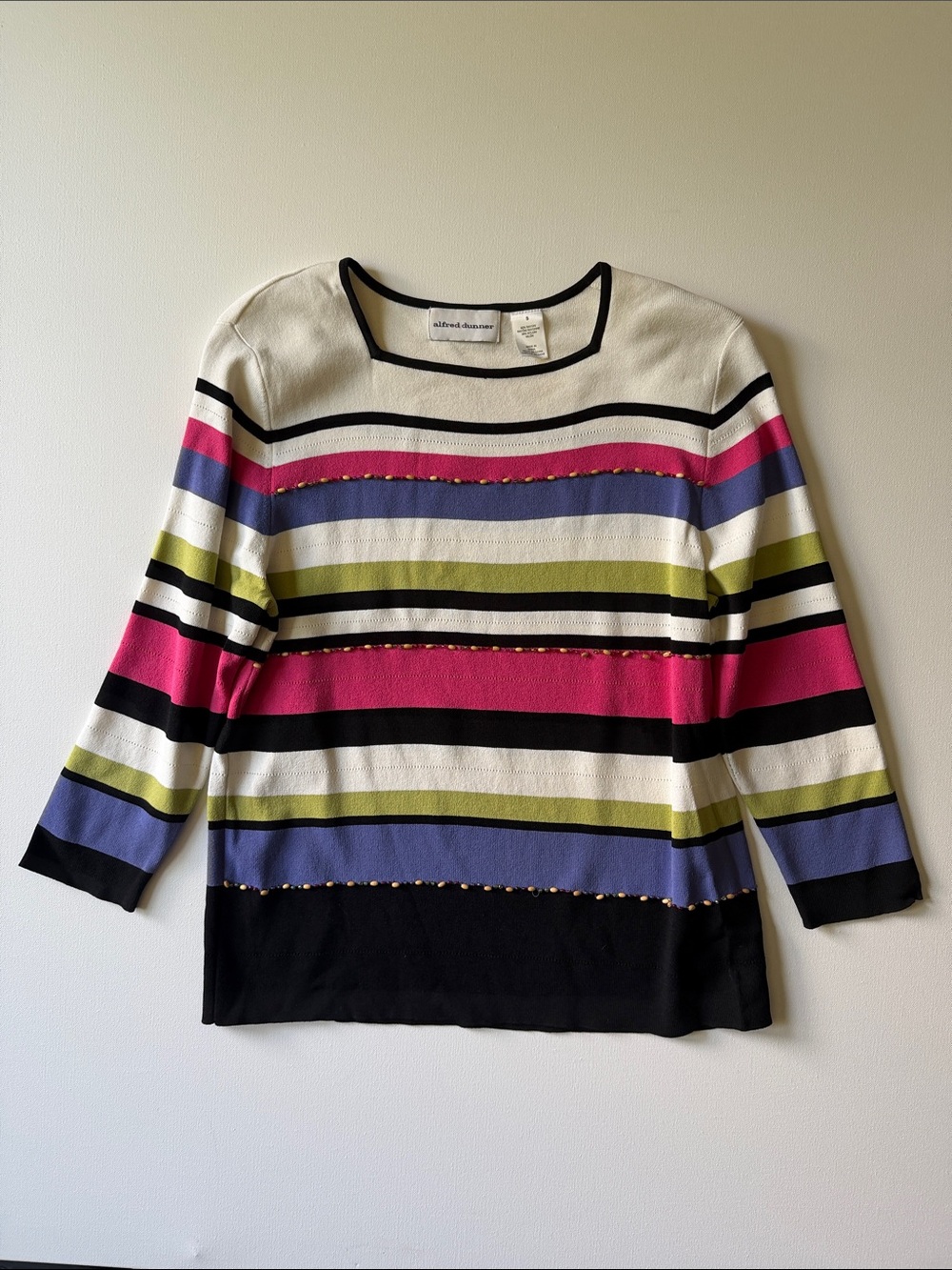 Alfred Dunner Women’s White, Pink, Blue & Black Striped Long Sleeve Top - S